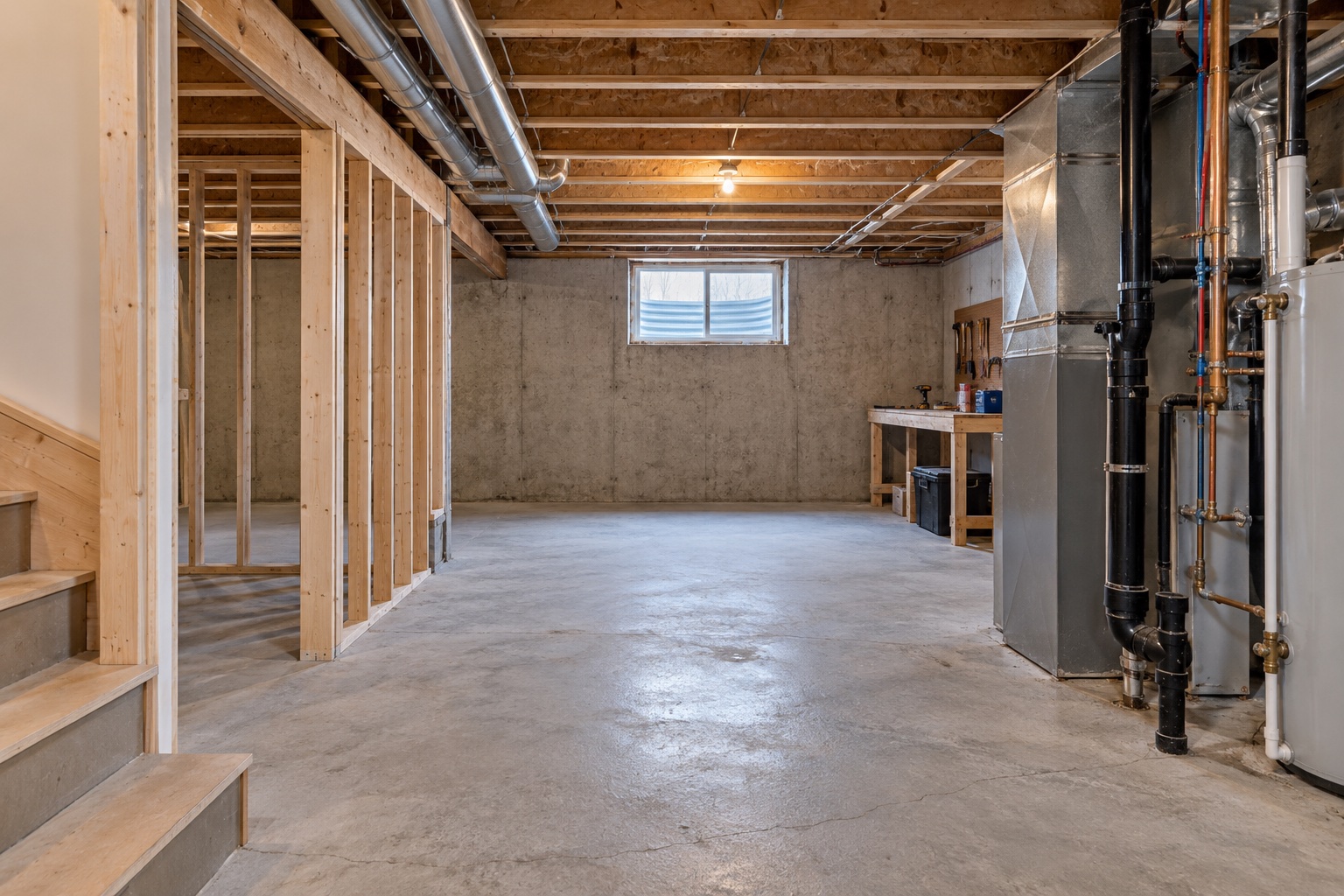 An unfinished basement with visible framing and a concrete floor