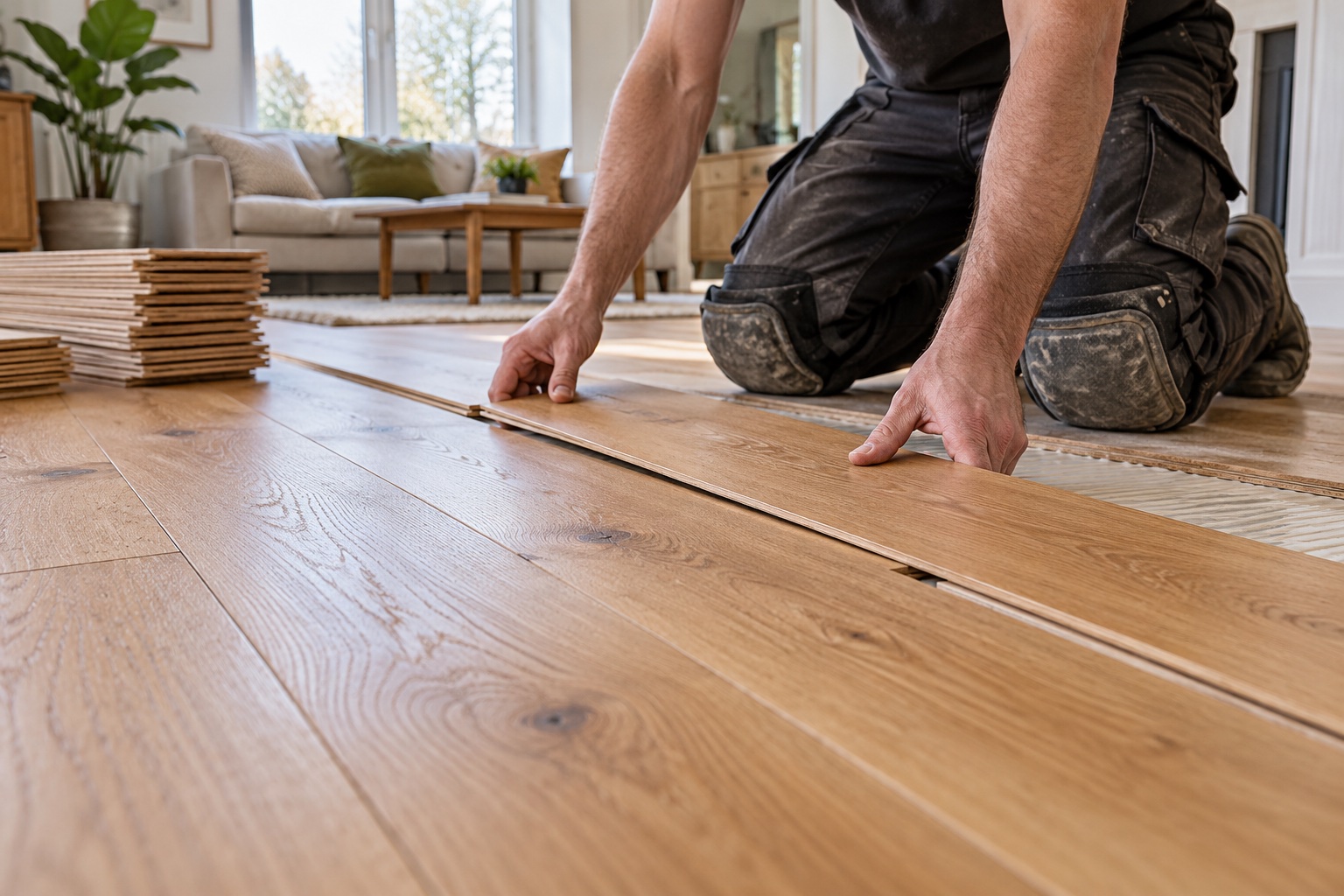 An installer fitting a natural wood floor