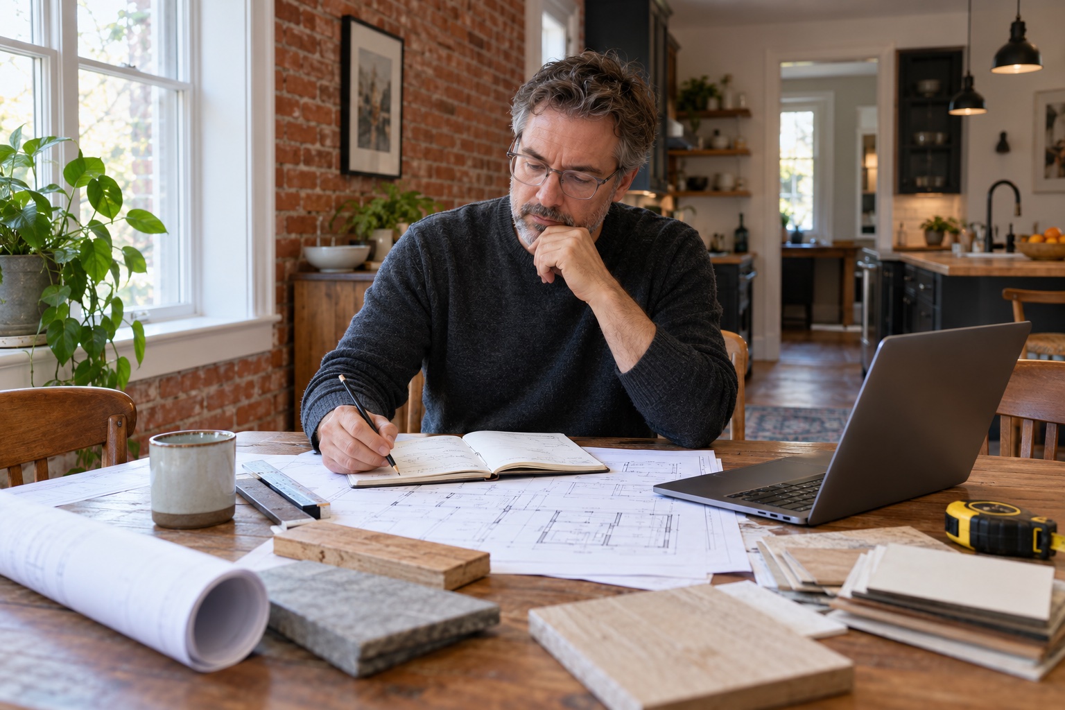 A homeowner reviewing renovation plans at a dining table