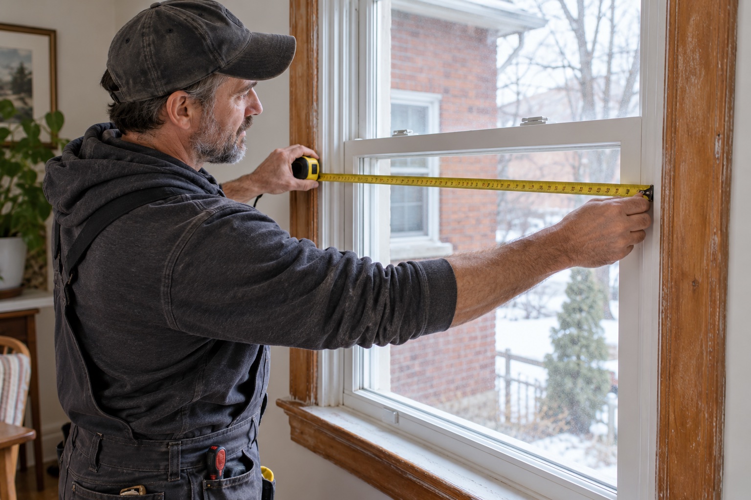 An installer measuring the inside of a residential window